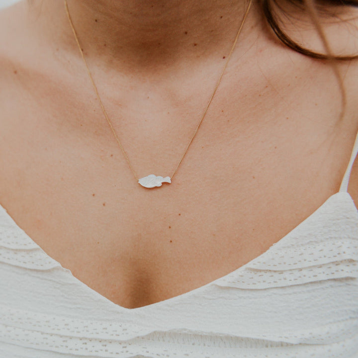 Person wearing a delicate necklace with a small pendant on a plain background