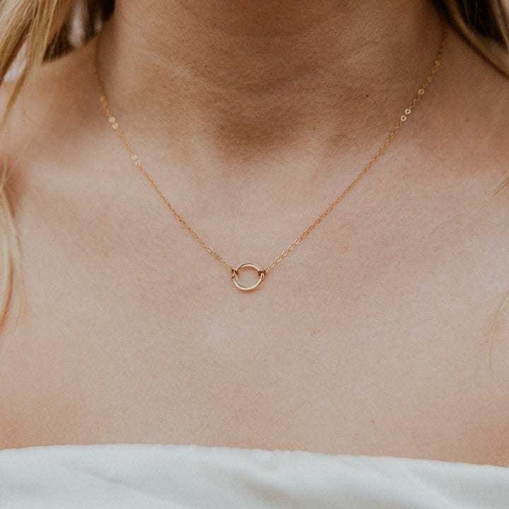 14k Gold fill necklace with two interlocking gold circles on gold chain