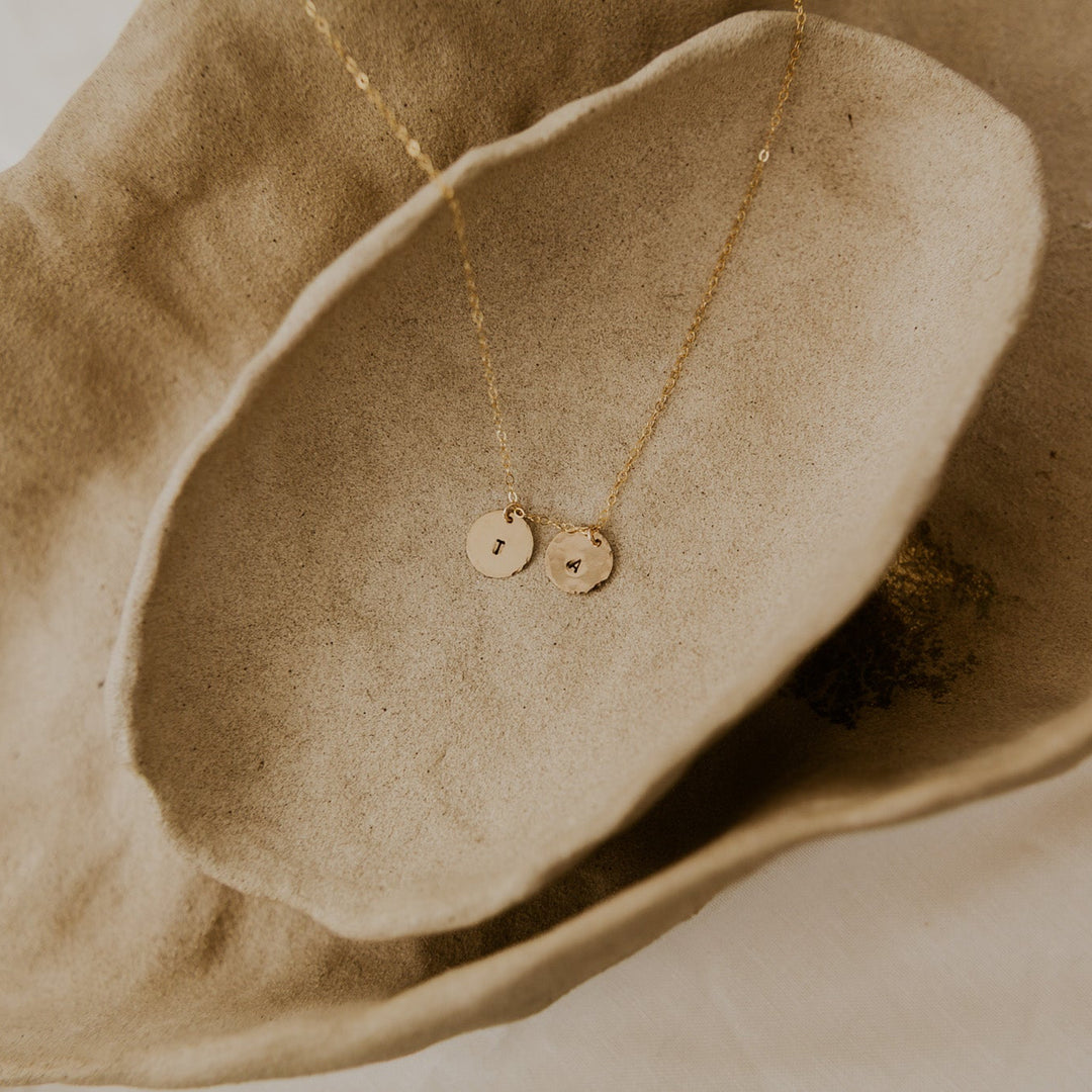 14k gold disc stamped with initials on 14k gold fill chain