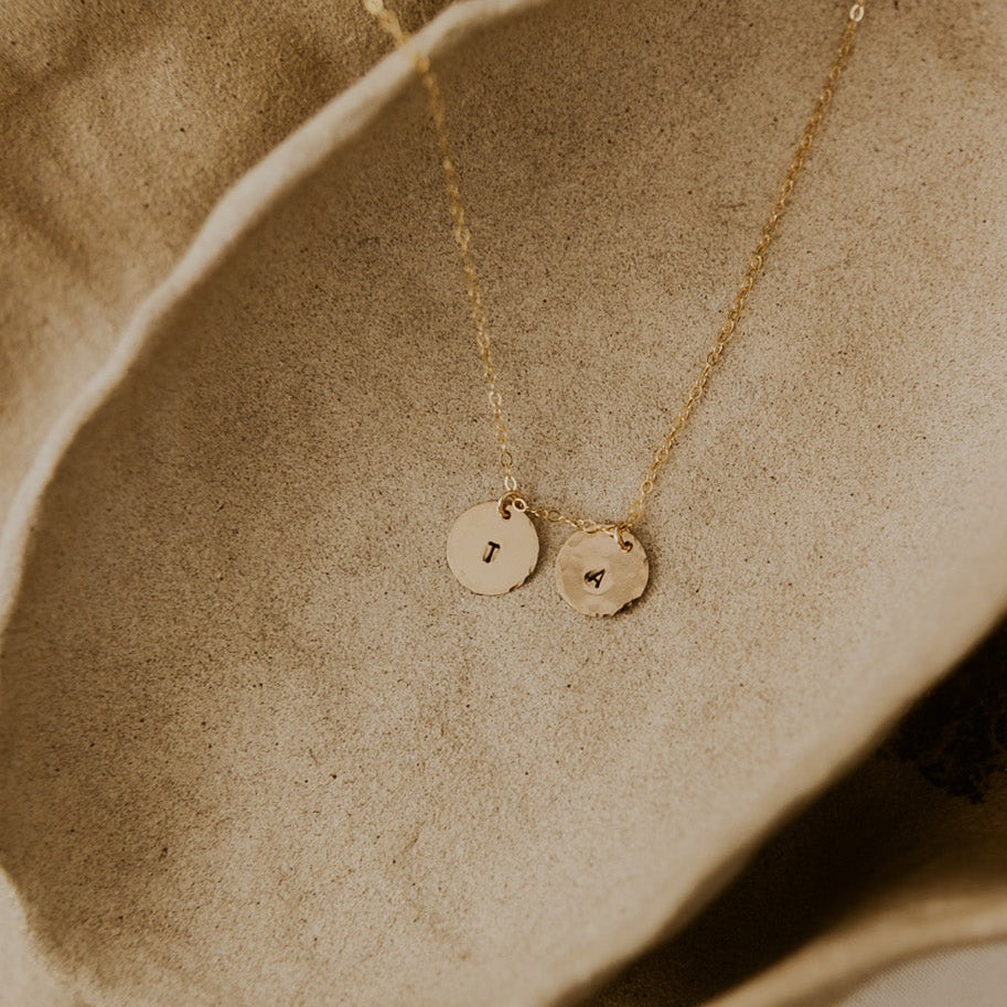 14k gold disc stamped with initials on 14k gold fill chain