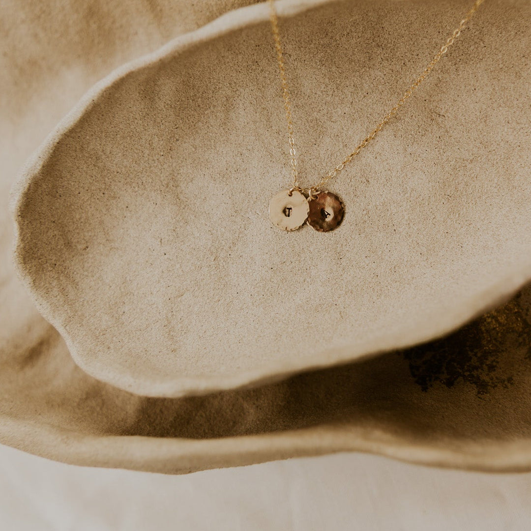14k gold disc stamped with initials on 14k gold fill chain