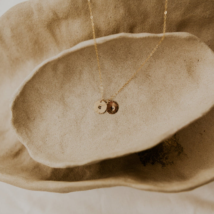 14k gold disc stamped with initials on 14k gold fill chain