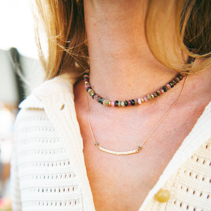 Custom gemstone necklace Carlsbad featuring colorful beads and a delicate gold bar design