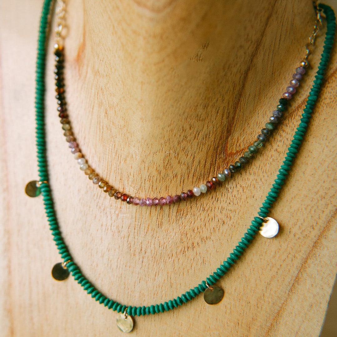 Teressa Lane Jewelry green beaded gold charm necklace layered with multicolored beads
