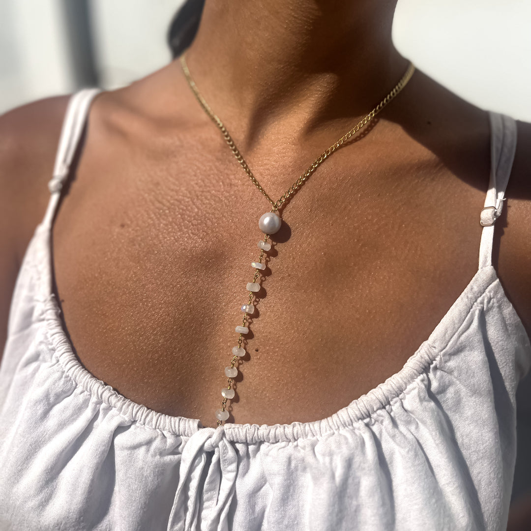 Grey Pearl + Moonstone 'Y' Necklace