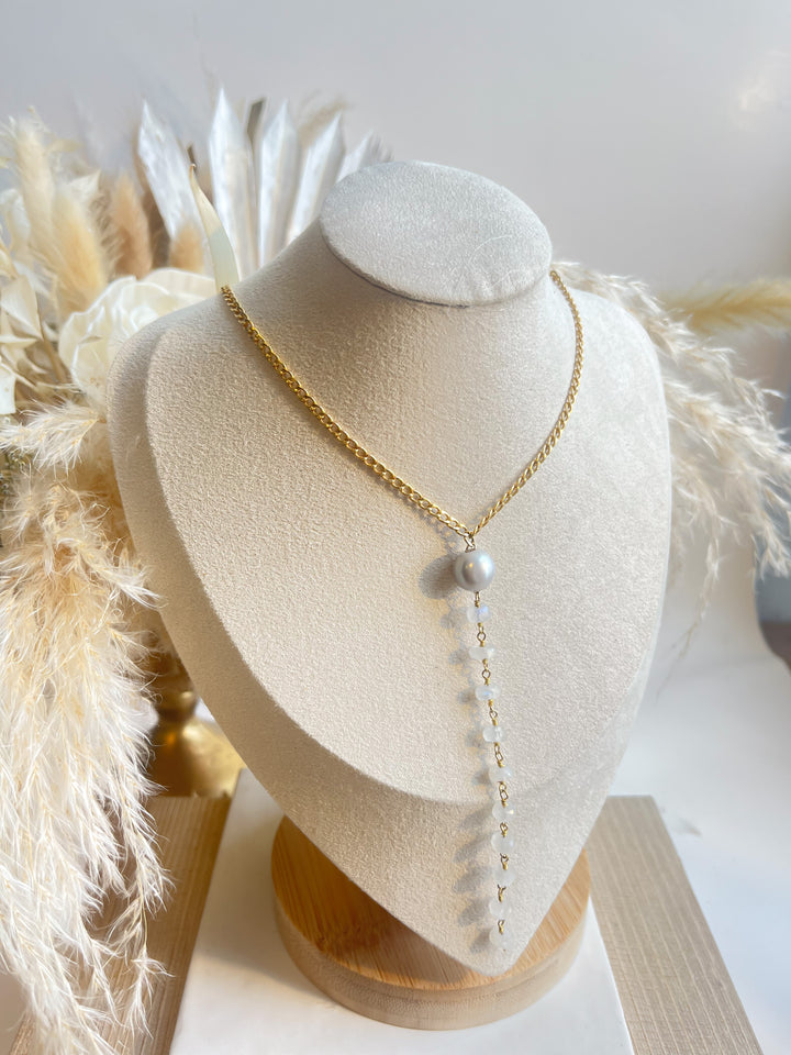 Grey Pearl + Moonstone 'Y' Necklace