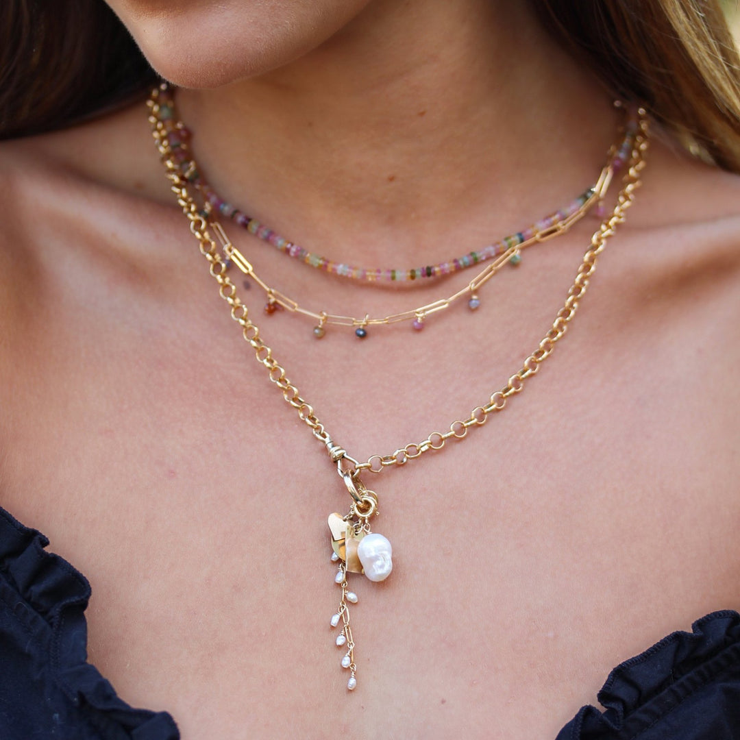 Joy tourmaline beaded necklace layered with the Juliette spinel paperclip chain and a gold filled chain with a baroque pearl charm