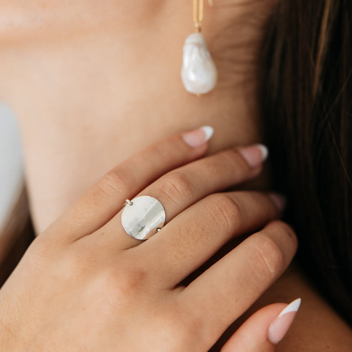 Teressa Lane Jewelry Katie Ring for women featuring a modern silver circular design on hand