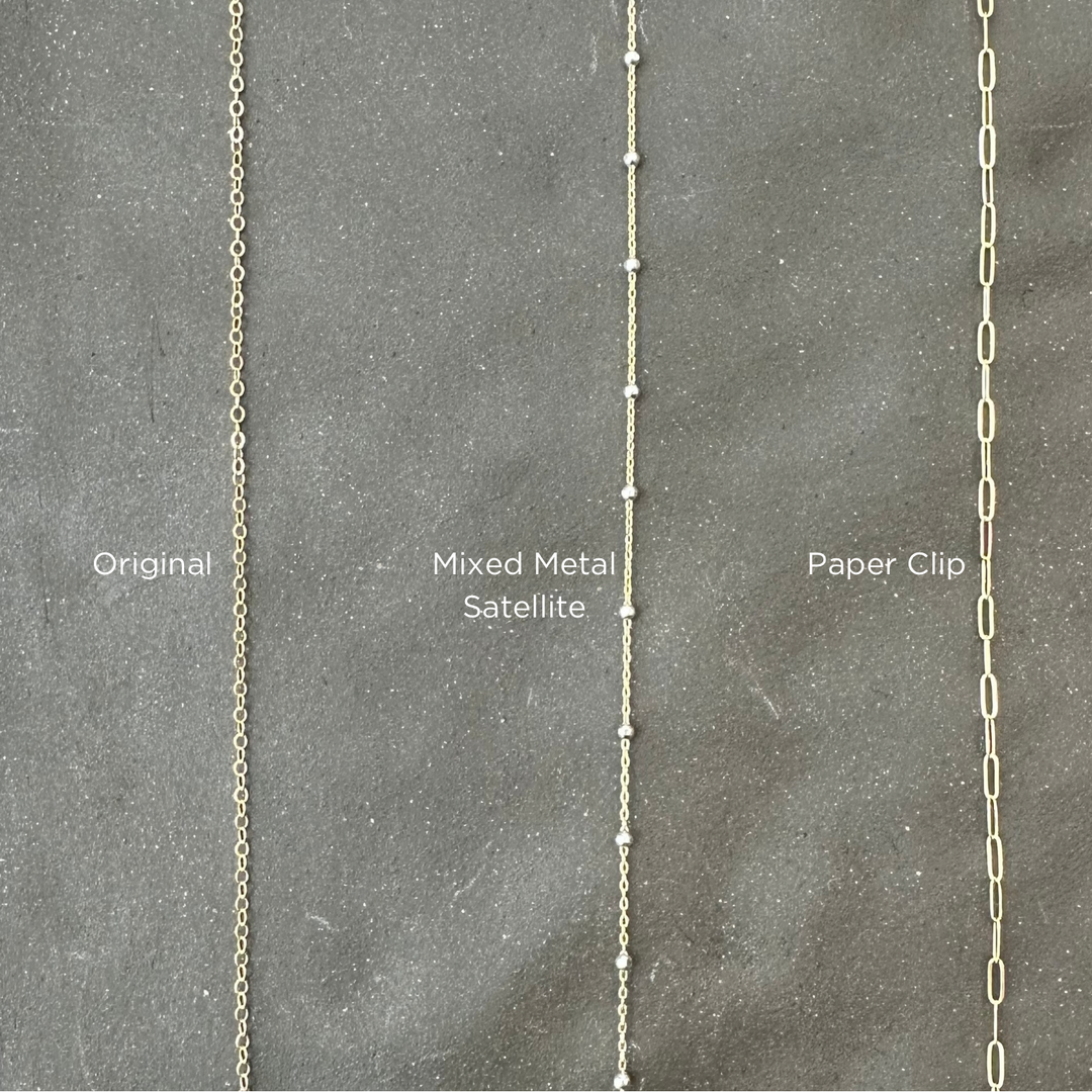 Teressa Lane Jewelry personalized gold necklace chain styles including Original, Mixed Metal Satellite, and Paper Clip