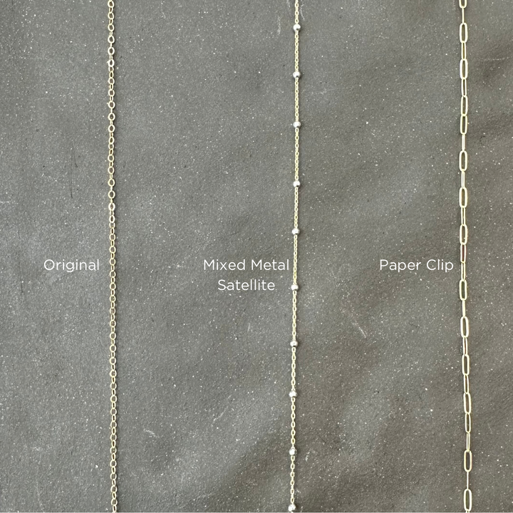 Teressa Lane Jewelry personalized gold necklace chain styles including Original, Mixed Metal Satellite, and Paper Clip