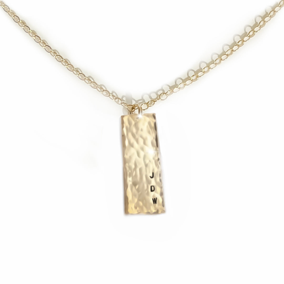 Teressa Lane Jewelry personalized gold tag necklace with hammered rectangular pendant and initials JDW