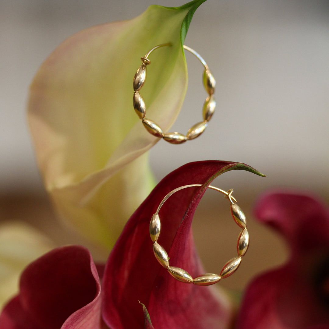 Pair of Gold Bead Solace hoops on cream and burgundy calla lilies