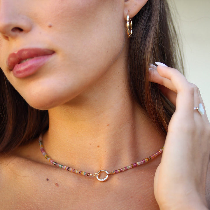 Gold Bead Solace hoops styled with the Joy tourmaline necklace