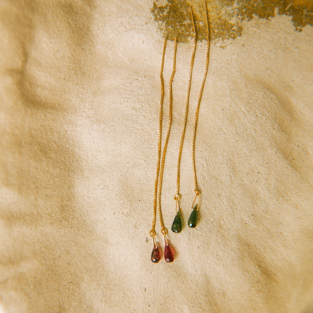 Unique threader earrings handmade with colorful gemstone drops in red and green for a stylish look