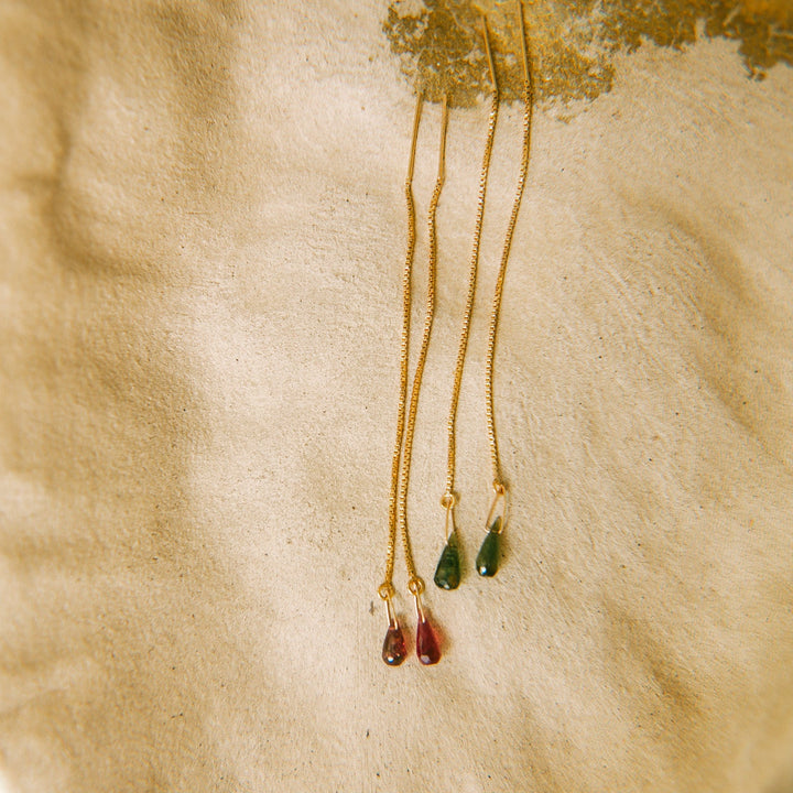 Unique threader earrings handmade with colorful gemstone drops in red and green for a stylish look