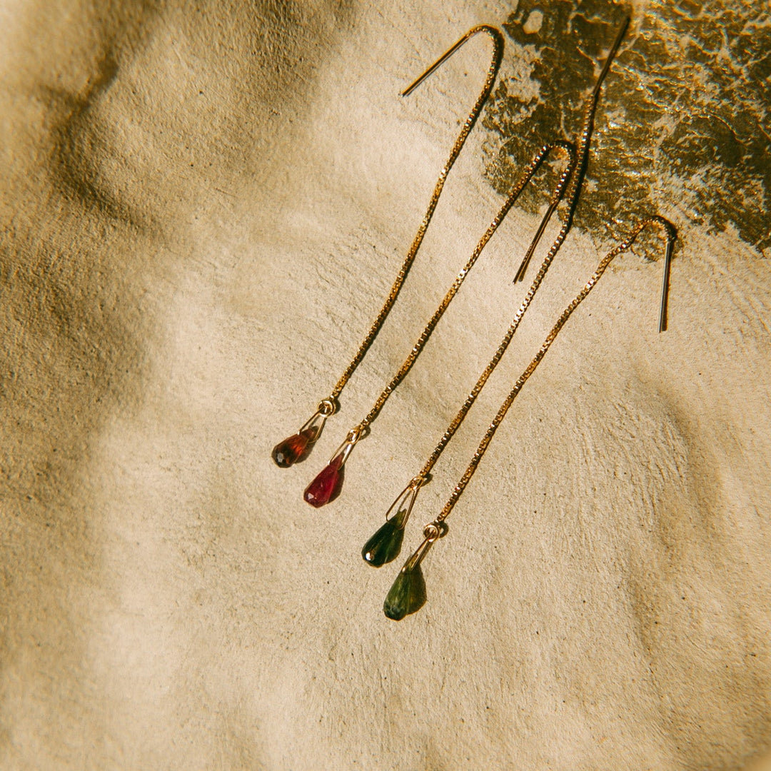 Unique threader earrings handmade with colorful gemstone drops in red and green