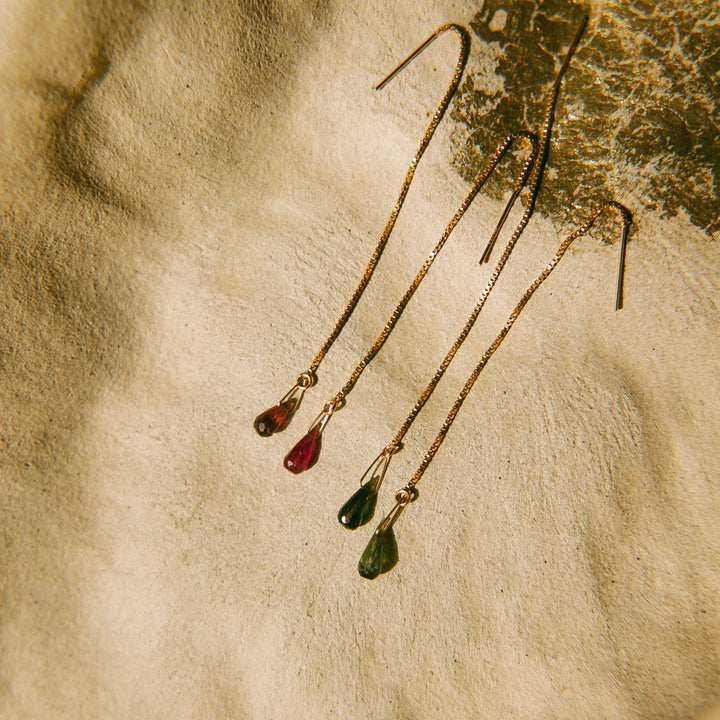 Unique threader earrings handmade with colorful gemstone drops in red and green