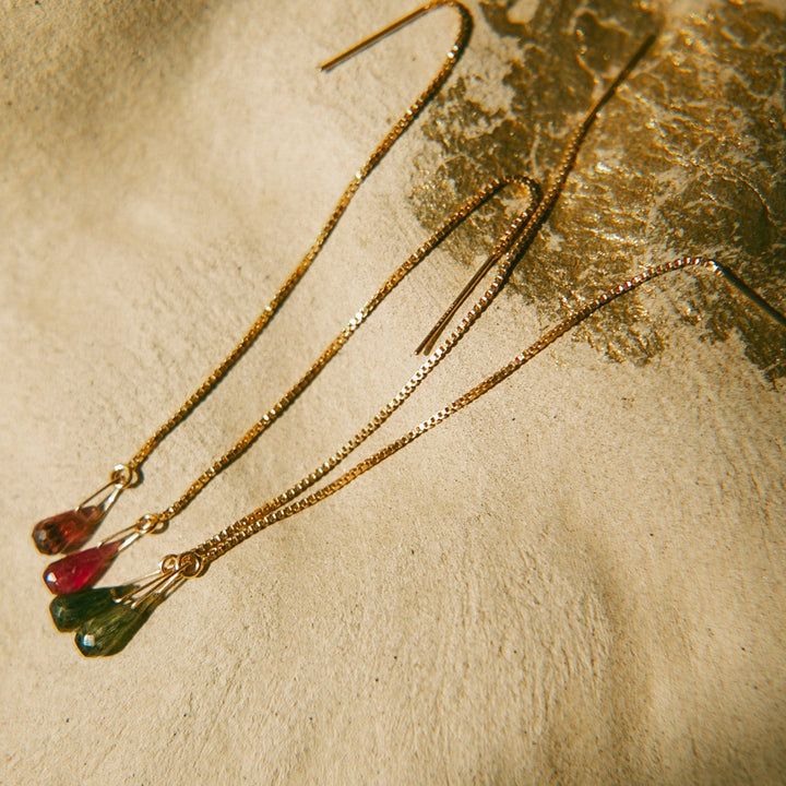Unique threader earrings handmade with colorful teardrop gemstones for elegant style