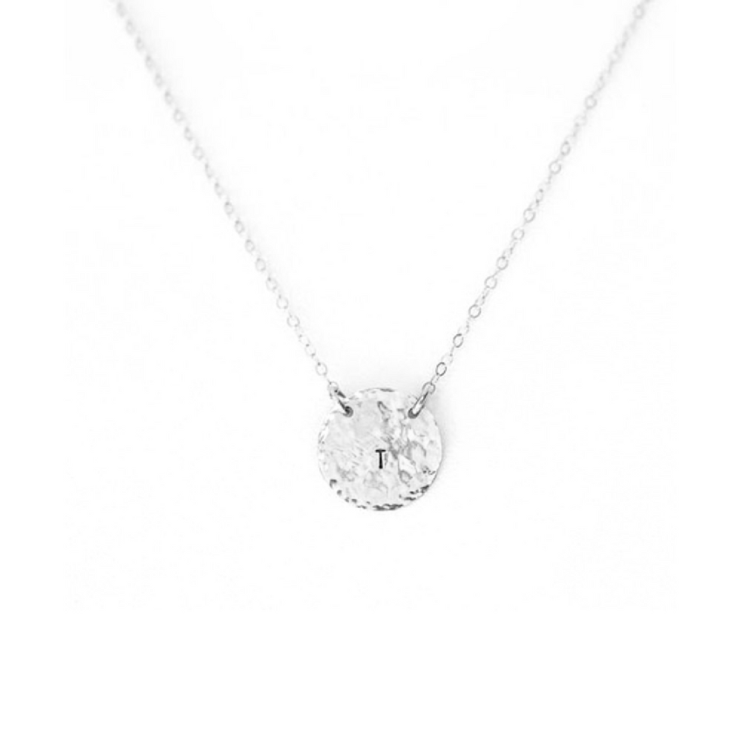 Teressa Lane Jewelry gold disc necklace for women with hammered texture and initial T pendant