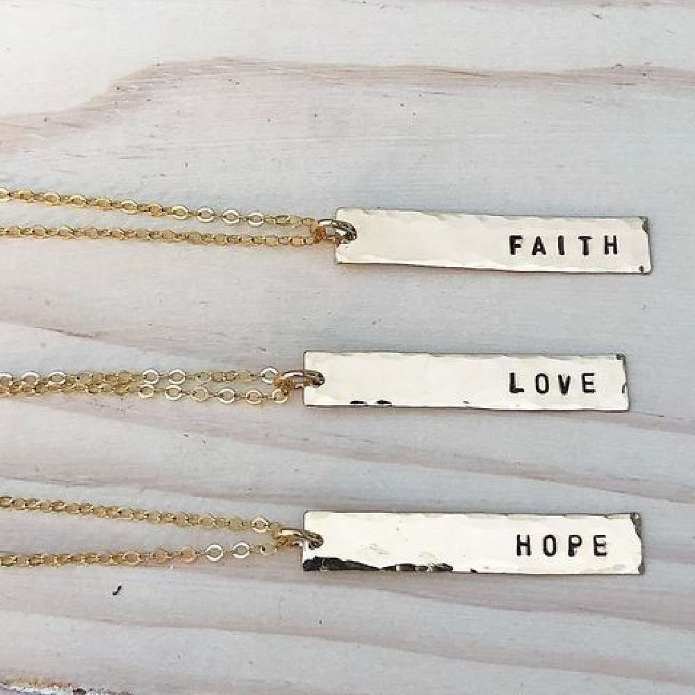 Teressa Lane Jewelry personalized bar necklace set with FAITH LOVE HOPE gold bars on delicate chains