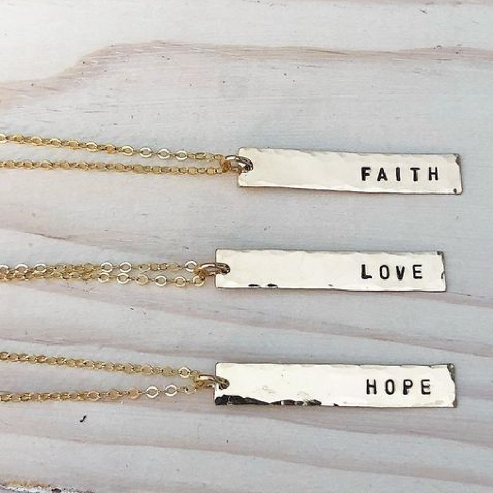 Teressa Lane Jewelry personalized bar necklace set with FAITH LOVE HOPE gold bars on delicate chains