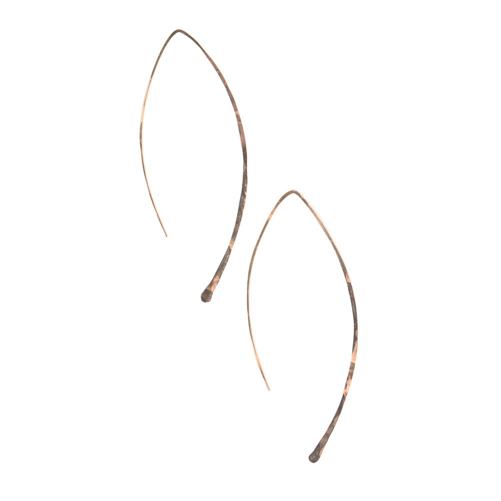 Teressa Lane Jewelry minimalist hammered copper leaf threader earrings with slender curved design