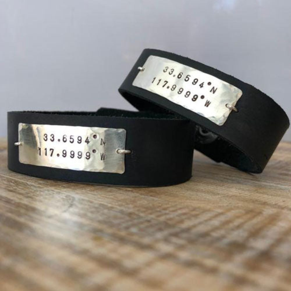 Teressa Lane Jewelry men's leather cuff bracelet with engraved coordinates on silver plate