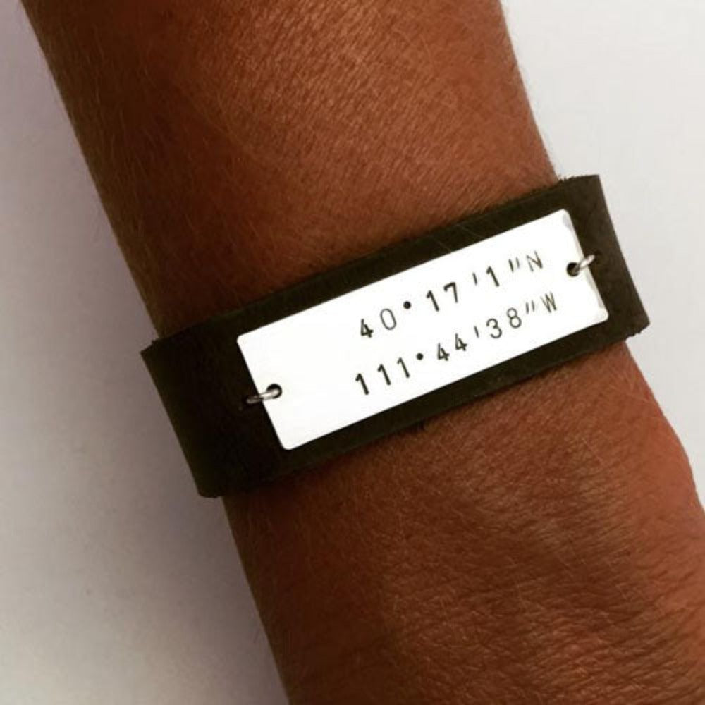 Teressa Lane Jewelry men's leather cuff bracelet with engraved metal plate and coordinates design