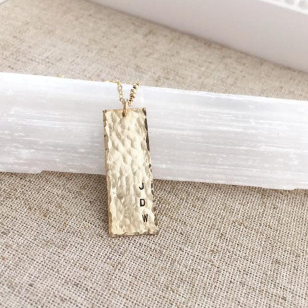 Teressa Lane Jewelry personalized gold necklace with hammered rectangular pendant and engraved initials
