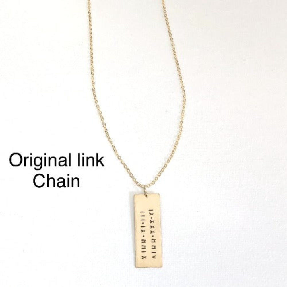 Teressa Lane Jewelry personalized gold necklace with rectangular pendant and original link chain