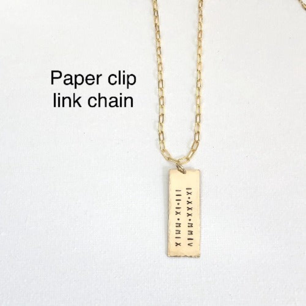 Personalized gold necklace with paper clip link chain and rectangular engraved pendant