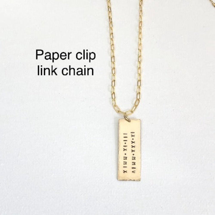 Personalized gold necklace with paper clip link chain and rectangular engraved pendant